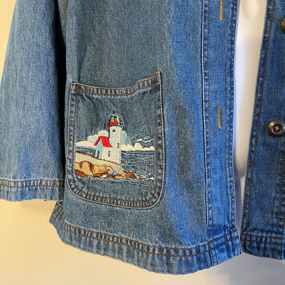 Blair Denim Jean Chore Coat With Embroidered Lighthouse Pockets Vintage M - Picture 2 of 5